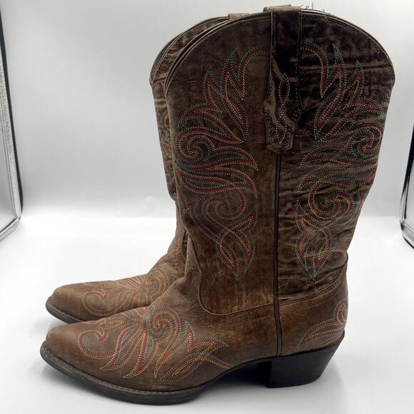 Ariat Distressed Embroidered Brown Leather Boots 6.5 B Heels Multicolored - Picture 2 of 12